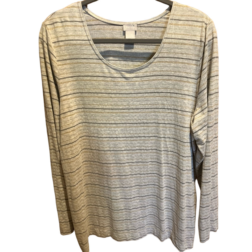 Chico's Long Sleeve Striped Scoop Neck Top - Beige & Gray Size 3/XL